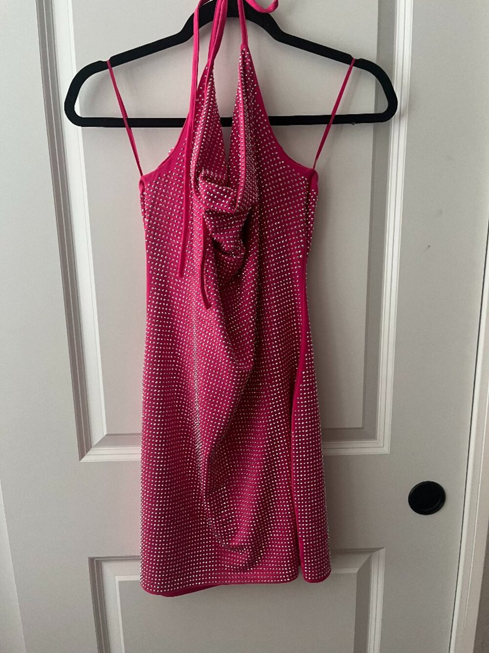 Hot Pink Rhinestone Halter Mini Dress Cowl Neck Backless Y2K Party Dress